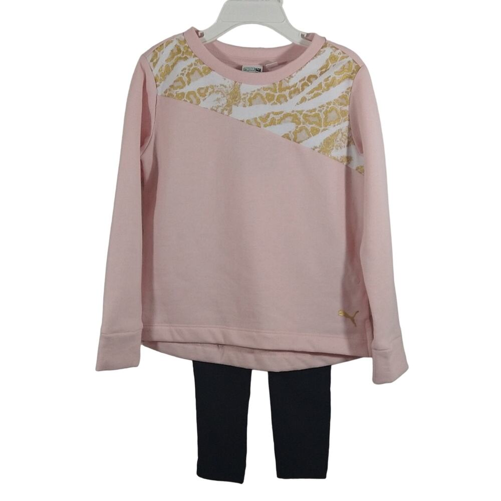 Y Puma Pastel Pink Animal Print Crewneck Pullover & Black Leggings Outfit NWT 2T